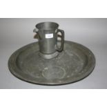 18th Century London pewter circular charger together with a pewter quart jug