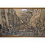 Toni Patten signed ink drawing, striking miners in a street, 14ins x 21.5ins