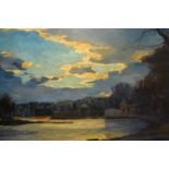 20th Century oil on board, river landscape at dusk, unsigned, 19ins x 23ins, together with a