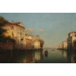 Antoine Bouvard, oil on canvas, Venetian canal scene with gondolas and sailing vessels, signed