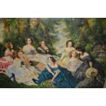 20th Century oil on canvas, group of 19th Century ladies in a garden, unsigned, unframed, 24ins x