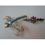 Unusual Continental silver gilt and enamel brooch in the form of a dragonfly with articulated