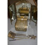 Edwardian brass coal purdonium, brass mirror panel firescreen and various fire tools