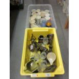 Two boxes containing a quantity of various ceramics and glass including commemorative cups,