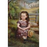 Late 19th / early 20th Century oil on card, seated young girl holding a hat in a landscape, 12ins