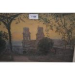 Felix Ollivier, watercolour, view from an arbour with building at dusk, signed, 10ins x 14ins