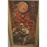 20th Century oil on canvas, maid watering flowers in an interior with tiled floor, unsigned, gilt