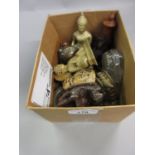 Far Eastern copper and silvered metal prayer wheel, small bronze Goddess figure and other