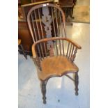 19th Century ash and elm Windsor chair with a pierced splat and stick back, panel seat, turned