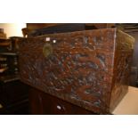 Chinese carved camphor wood rectangular trunk