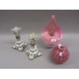 Art Glass pink flecked globular vase, 5.75ins high, indistinctly signed to the base, a pink