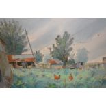 W. Stanley Moore, unframed watercolour, farmyard scene with chickens, signed, 21ins x 30ins