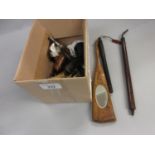 Four various 19th Century pipes together with a Sorrento ware olive wood mirror inset fan