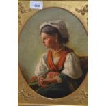 19th centruy oval mounted oil on canvas laid on card, portrait of a seated Italian girl