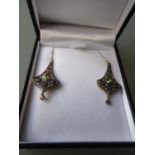Pair of peridot, amethyst and diamond set drop earrings