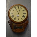 19th Century mahogany drop dial wall clock, the circular painted 12in dial with Roman numerals,