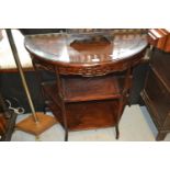 Chinese hardwood demi lune side table, the moulded top above a shaped and carved frieze on shaped