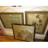 Framed silkwork picture, figure in a landscape, together with a framed embroidered picture and a