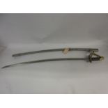 German sword having brass hilt with leather and wire twist grip, with single fullered curved blade