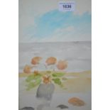 Modern British School watercolour, study of a pot of flowers by the sea, monogrammed 'M. P. ', 12ins