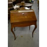 19th Century French rosewood marquetry inlaid bureau de dame, the fall front enclosing a fitted