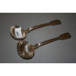Pair of Victorian silver Fiddle and Thread pattern sauce ladles with shell pattern bowls