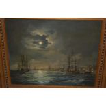 Bernard Page, oil on canvas, moonlit harbour with sailing vessels, signed, 9.5ins x 11.5ins, gilt