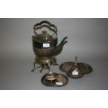 Silver plated spirit kettle on stand with burner, silver plated shell form hors d'oeuvre dish and