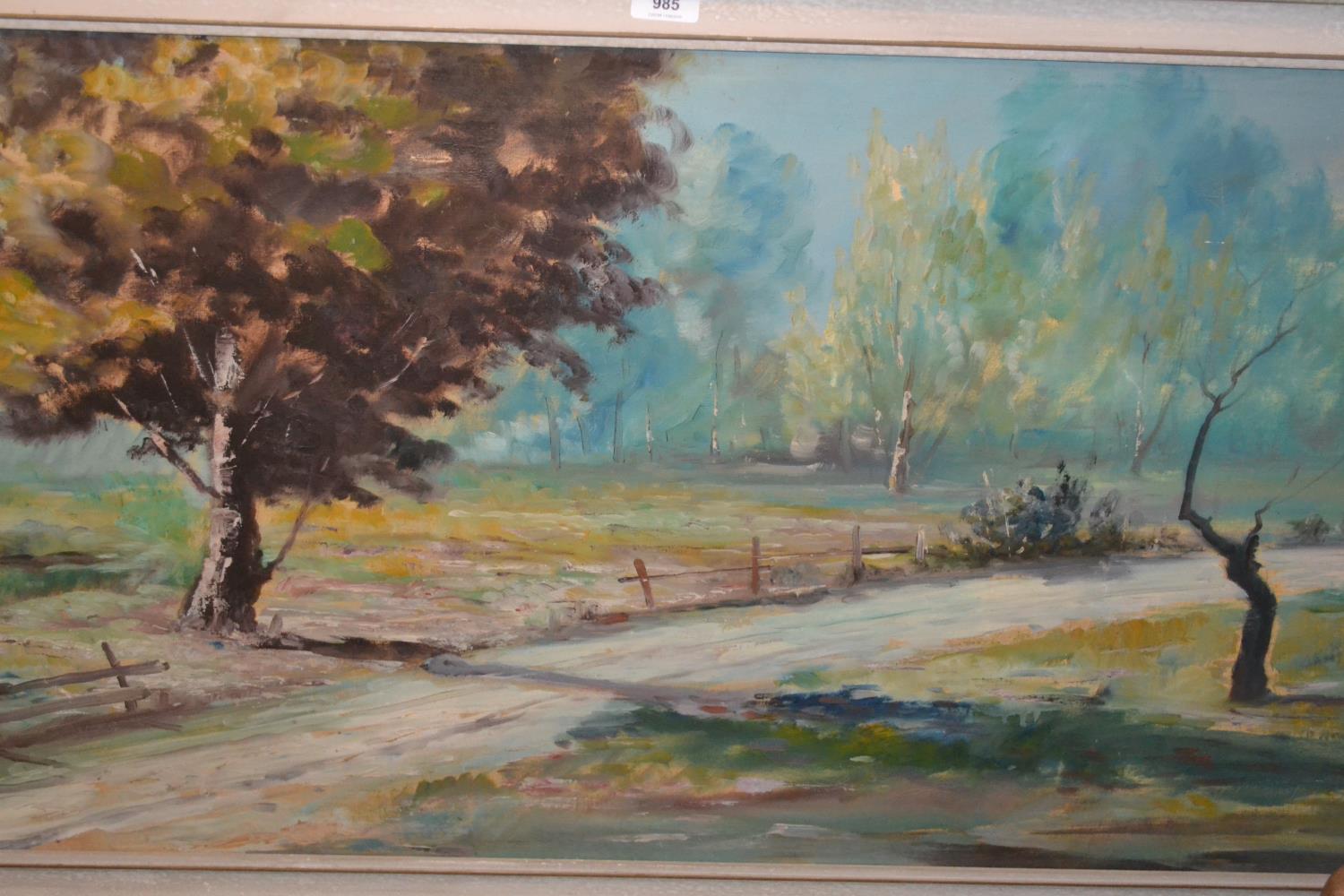 Mantini 20th Century oil on canvas, rural landscape with track to foreground, signed, 23ins x 46ins,