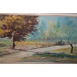 Mantini 20th Century oil on canvas, rural landscape with track to foreground, signed, 23ins x 46ins,