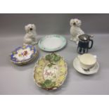 Four Victorian floral painted cabinet plates, pair of Staffordshire pottery figures of spaniels