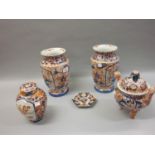 Pair of Japanese Imari baluster form vases, together with an Imari koro and an Imari covered vase