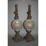 Pair of 20th Century gilt metal table lamp bases with etched and gilt glass columns mounted with