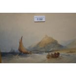 Charles Bentley, watercolour, shipping off the coastline attributed on the mount, 8.5ins x 12ins,