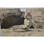 20th Century lithographic black and white print of a young nude female, indistinctly signed in