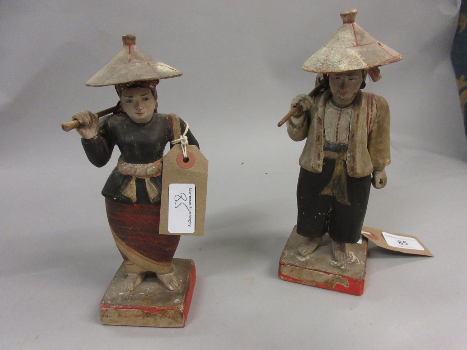 Pair of 19th Century Chinese carved and painted polychrome figures of trades people, each on a