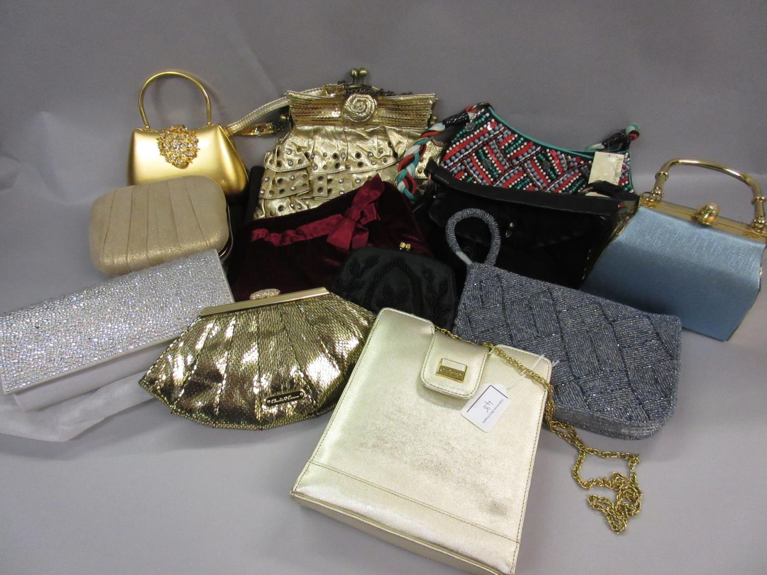 Jane Shilton gold evening bag together with a quantity of other various evening bags and purses