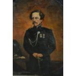 19th Century oil on canvas, half length portrait of an officer holding sword, unframed, unsigned (at