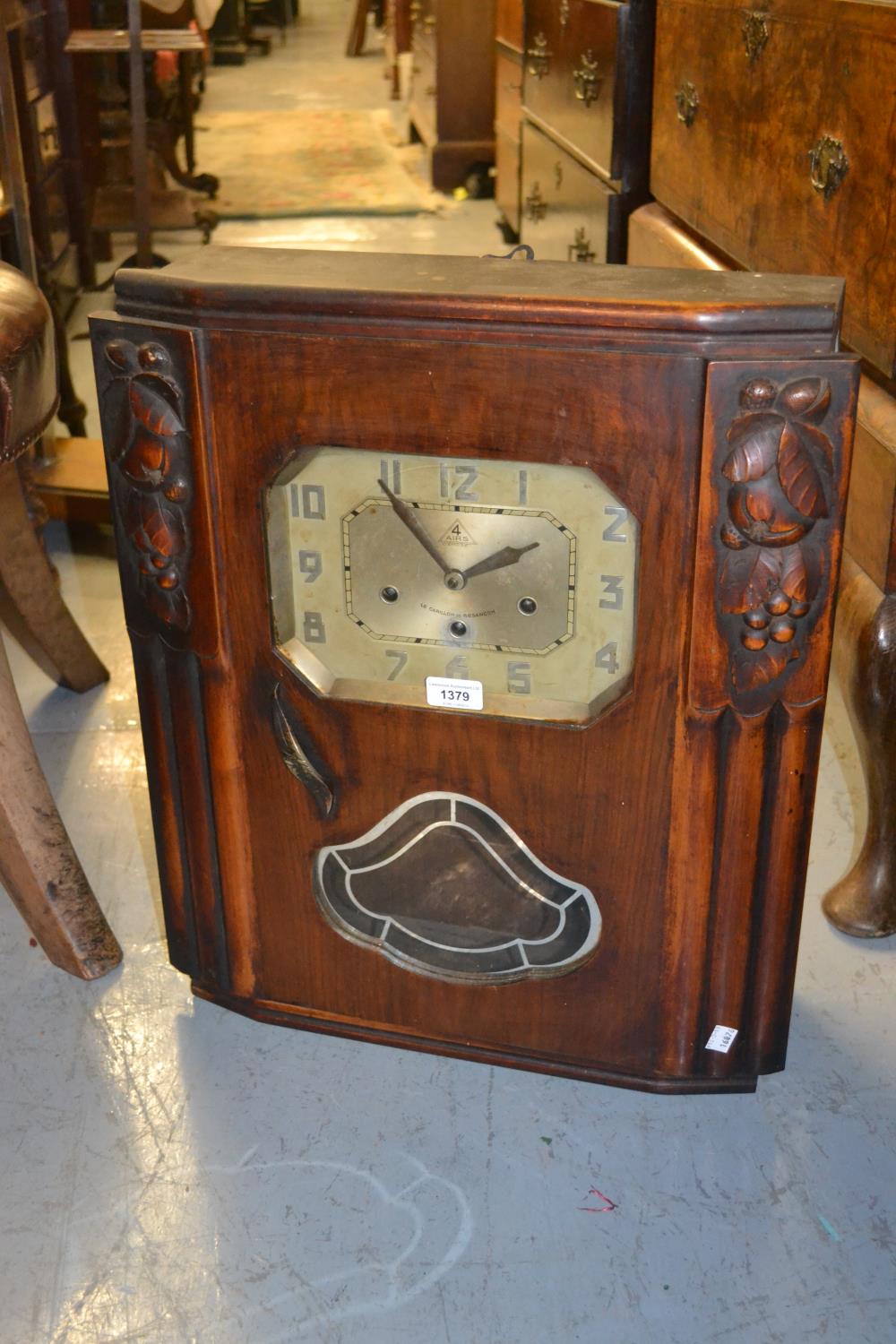 Similar walnut cased Art Deco wall clock, the dial inscribed ' Four Airs Depose de Carillon de