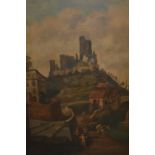Unframed oil on mahogany panel, figures at a riverside town with hilltop castle, 21ins x14ins