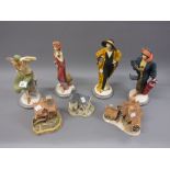 Four modern Royal Doulton composition figures of ladies, together with three David Winter cottages
