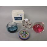 Caithness boxed glass paperweight together with another Caithness paperweight, another Langham and a