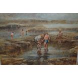 Oil on board, coastal scene with children playing by rockpools, signed ' Jelbert ', 14ins x 18ins