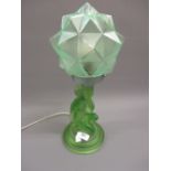 Art Deco green frosted glass figural table lamp with shade Some chips to base of shade as shown in