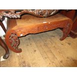20th Century Chinese hardwood coffee table with pierced scroll ends, a brass inlaid octagonal