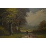 Late 19th/early 20th Century oil on board, figure on a track in a woodland landscape, unsigned, in a