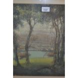 Croxson pastel study, landscape through trees, signed, 15ins x 16ins, framed