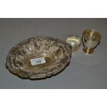 Oval Chester silver trinket dish of embossed, pierced, cherub and floral design, Sheffield silver