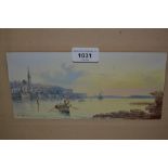 D' Esposito, watercolour, boats in a harbour, 4.5ins x 9ins, together with another similar, frames