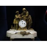 19th Century French ormolu and marble mantel clock surmounted by figures reading from a book (